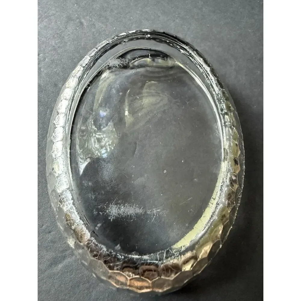 Glass Oval Soap Trinket Dish Silver Foil Trim Clear Minimalist